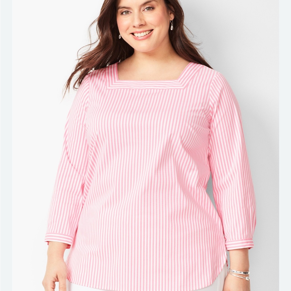 Talbots Pink Stripe Poplin Tunic Blouse 1X Square Neck Preppy Coastal